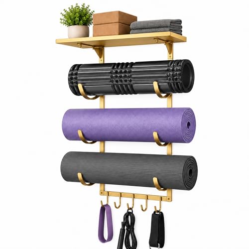 Wall Mount Yoga Mat Storage Rack, Heavy Duty Iron Organizer with 3-Tier J-Hooks, Wide Top Shelf and 5-Hook Bottom Rail for Yoga Mats, Foam Rollers, Blocks and Home Gym Accessories - color: Gold A