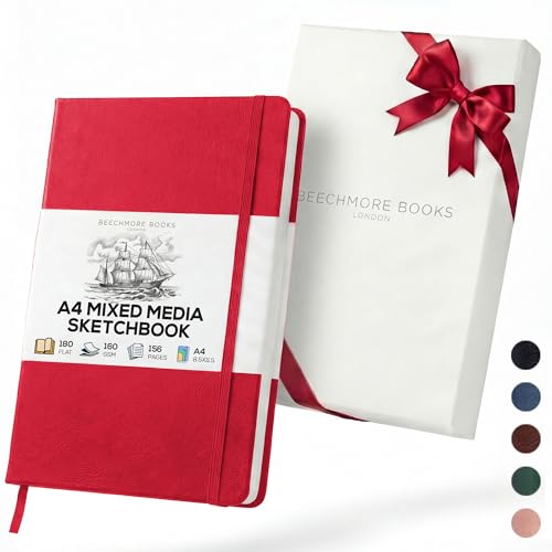 Beechmore Books A4 8.5x11 Mixed Media Sketchbook 160 GSM/98LB with Gift Box | Hardcover Art Journal with Lay-Flat Binding, 156 Perforated Ivory Pages for Drawing, Ink & Light Watercolor - color: Scarlet Red, size: A4 - 8.5" x 11.5" Large