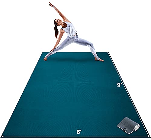 Gorilla Mats Extra Large Yoga Mat – 9'x6', 12'x6', 15'x6' (8mm) Extra Thick Wide Non-Slip Exercise Mat for Home Gym Flooring – Ultra Comfortable Workout Floor Mat for Barefoot Fitness & Stretching - color: Oasis Blue Mat with Gray Towel, 2 Storage Straps