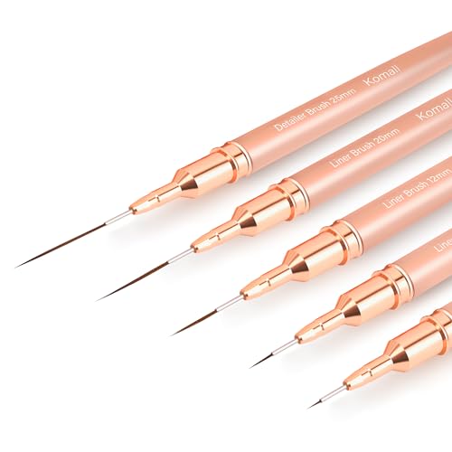 Komall Metallic Nail Art Brushes, 5Pcs Liner Brushes for Nails, Gold | For Long Lines, Thin Details, Fine Drawing, Liner Brush UV Gel Polish Painting Nail Design Pen Sizes 4/8/12/20/25mm - color: Champagne Gold