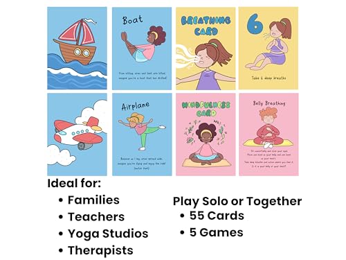 Kids Yoga Card Deck - 55 Large Format Cards for Movement, Mindfulness & Breathing - Perfect for Teachers, Therapists, Families & More - Includes 5 Yoga Games to Play Solo or in a Group - Ages 3-103