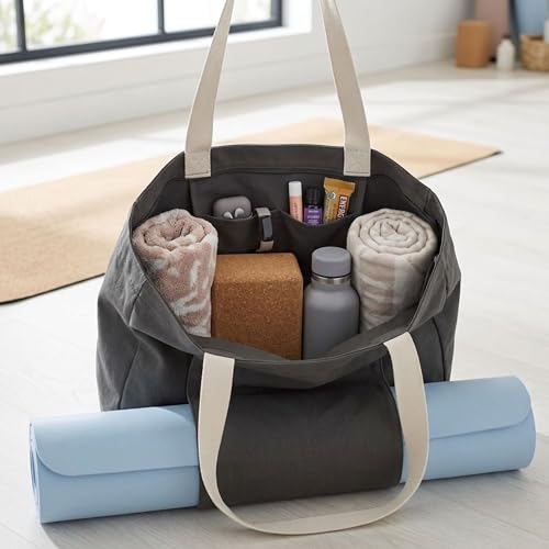 Large Canvas Yoga Tote Bag with Yoga Mats Bags Carrier Eco Friendly Cotton Shoulder Bag for Pilates, Gym, Beach, Groceries & Travel YG13