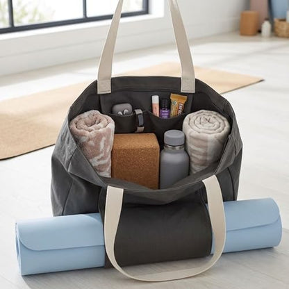 Large Canvas Yoga Tote Bag with Yoga Mats Bags Carrier Eco Friendly Cotton Shoulder Bag for Pilates, Gym, Beach, Groceries & Travel YG13