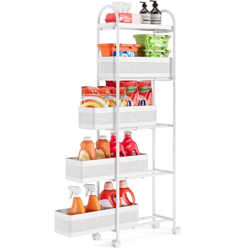 KINGRACK 5 Tier Slim Rolling Cart with Drawer, Metal Utility Storage Cart | 4 Pull-out Baskets, Lockable Wheels, Narrow Space Trolley Organizer for Bathroom, Kitchen, Office, Dorm, Laundry Room, White - color: White, size: 5 Tier