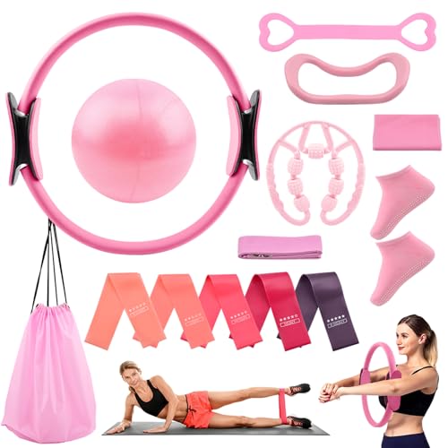 Pilates Essentials Kit for Women, 14 Pcs Pilates Equipment for Home Workouts with Yoga Circle Ball Ring, 5 Resistance Bands,Pedal Puller Resistance Band - color: Pink
