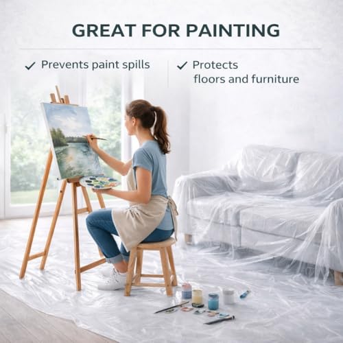 Plastic Drop Cloths for Painting 12 x 9 ft [6 Pack] – Waterproof Paint Drop Cloth, Plastic Sheets Floor Cover, Disposable Tarp for Furniture Protection, Remodeling and Moving - size: 6 Pack - 9x12
