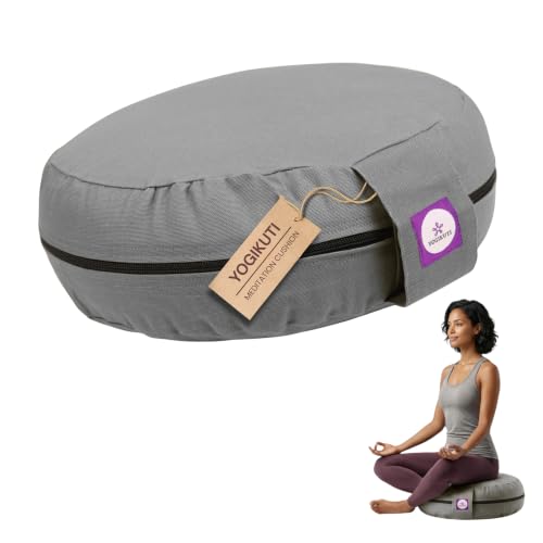 Yogikuti 100% Cotton Meditation Cushion (Round) with Handle | Firm & Comfortable Yoga Cushion | Removable Washable Cover | Floor Seating Support for Meditation, Yoga & Pranayama - color: Gray