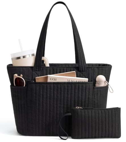 Bagstellar Quilted Tote Bag for Women Teacher Nurse Cotton Laptop Work Tote | Top Zip Closure Puffer Nursing School Travel Tote Bags with 40oz Cup Holder, Lightweight 14” Computer Shoulder Handbag Purses - color: Black