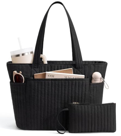Bagstellar Quilted Tote Bag for Women Teacher Nurse Cotton Laptop Work Tote | Top Zip Closure Puffer Nursing School Travel Tote Bags with 40oz Cup Holder, Lightweight 14” Computer Shoulder Handbag Purses - color: Black