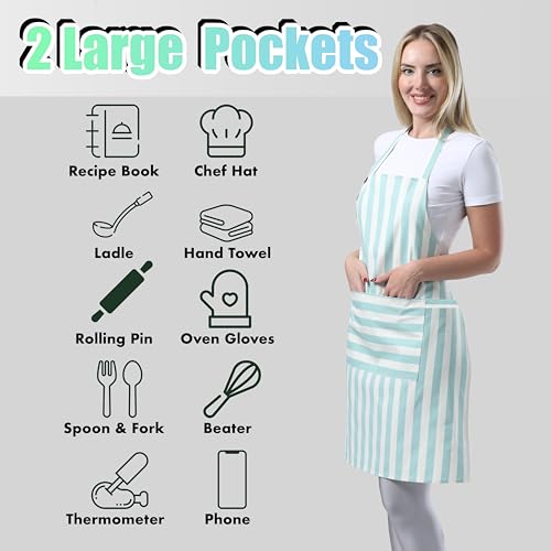 TOSHEX Kitchen Apron Cotton Waterdrop Resistant Adjustable Button Women Men | Premium Cotton Cooking Apron with Pocket. Striped, Gift, Green - color: Green