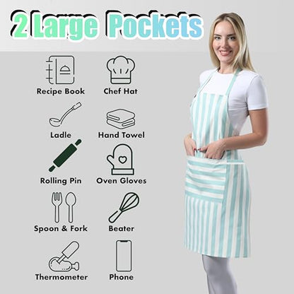 TOSHEX Kitchen Apron Cotton Waterdrop Resistant Adjustable Button Women Men | Premium Cotton Cooking Apron with Pocket. Striped, Gift, Green - color: Green