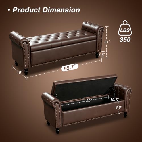 FiveWillowise 55” Bedroom Bench,End of Bed Bench with Storage,Chocolate - color: Chocolate, size: 55-inch