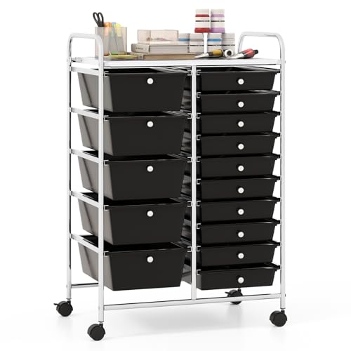 Giantex 15 Drawer Rolling Storage Cart Tools Scrapbook Paper Office School Organizer, Black - color: Black, size: 15 Drawers (5 Big +10 Small)