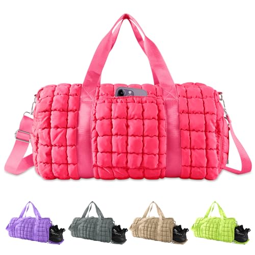 Quilted Travel Duffle Bag Gym Bag for Women,Large Puffer Duffle Weekender Bag with Compartment,Workout Overnight Carry on Organizer Bag Duffle Bag for Airplane Travel(Rosered) - color: Rosered, size: Medium
