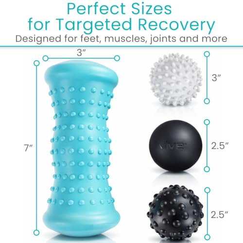 Vive Massage Ball Set (4 Piece) - Plantar Fasciitis Relief Foot Pain Hot | Cold Therapy - Heel Spur, Sore Muscle, Trigger Point, Back, Arm, Neck, Shoulder, Leg Circulation Roller