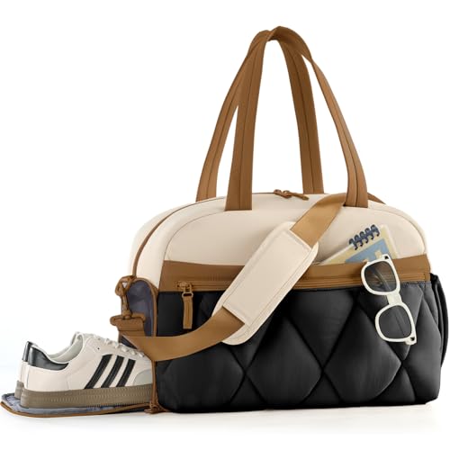 Women's Duffle Gym Bag, Carry-On Shoe Compartment for Weekender Overnight - color: Beige & Brown, size: Large