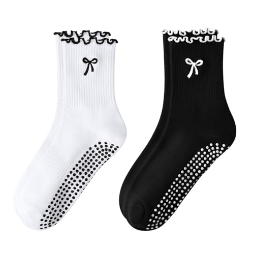 Women's Pilates Grip Socks, Ruffle Non Slip Bow Pattern Yoga Socks | Grippy, Frilly Trim, Embroidery, Crew Length, Soft Cotton, Arch Support, for Barre Ballet Dance Workout Hospital Home Gifts - color: B02-bow-white+black