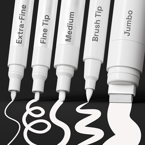 ARTISTRO White Paint Pens - Various Tips - Set of 5 | Acrylic Paint Markers, Water-Based, For Rock, Glass, Ceramic, Wood, Tire, Fabric, Metal, Canvas, Marking, Painting - color: White, style: Different Tips