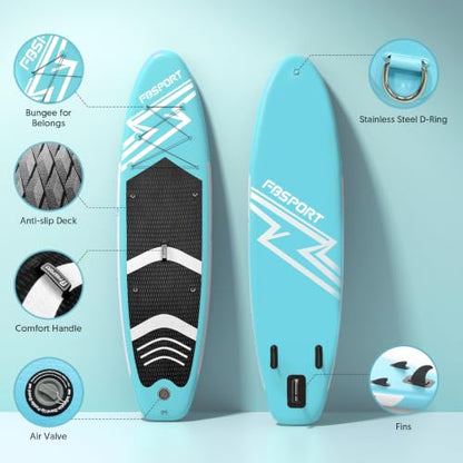 FBSPORT 11' Premium Stand Up Paddle Board, Yoga Board with SUP Accessories & Carry Bag | Wide Stance, Surf Control, Non-Slip Deck, Leash, Paddle and Pump for Youth & Adult - color: Ice Blue