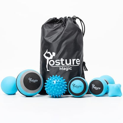 Posture Magic Massage Ball Set for Myofascial Trigger Point Release & Deep Tissue Massage - Set of 6 - Large Foam/Small Foam/Lacrosse/Peanut/Spiky/Hand Exercise Ball (Blue) - color: Blue