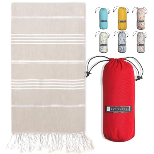 BAY LAUREL Turkish Beach Towel with Travel Bag 39 x 71 Quick Dry Sand Free Lightweight Large Oversized Towels Light - color: Beige With Plain Red Bag
