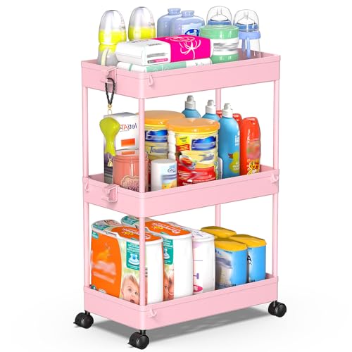 SPACEKEEPER 3 Tier Rolling Cart, Bathroom Cart Organizer with Wheels, Pink | Mobile Storage Cart for Laundry Room Organization,Kitchen,Office,Bathroom, Utility Cart for Snack,Craft,Art,Makeup,Nail,Toys - color: Pink, size: 3 Tier