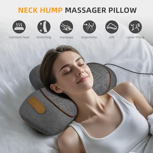 3-in-1 Neck Massager Pillow with Heat & Traction, Deep Tissue Cervical Traction Device for Neck Hump Corrector, Shoulder & Upper Back Pain Relief, Relaxing TheraPillow Support