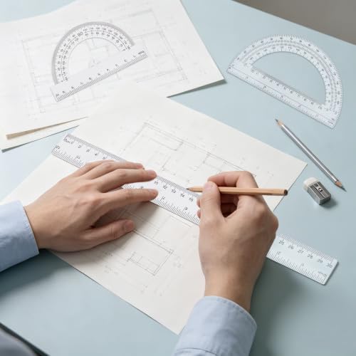 Plastic Clear Ruler Math Set - 6'' 12'' Transparent Straight Ruler, 4'' 6'' Protractor, 30/60 & 45/90 Triangle Ruler, Geometry Math Measuring Tool for School Office Drawing Teachers Kids Supplies - color: Transparent