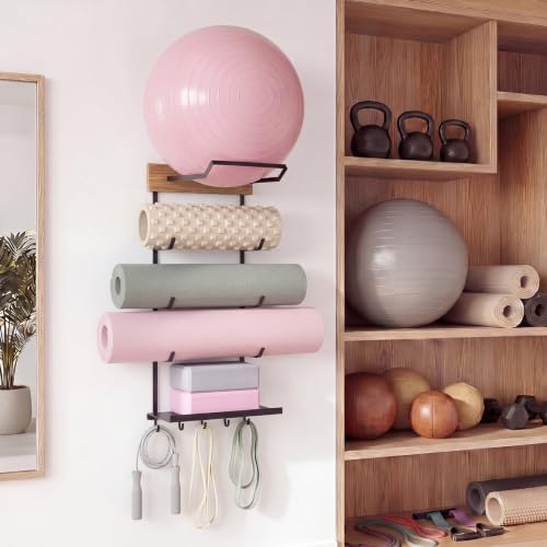 Junkin Yoga Mat and Ball Holder Wall Mount, 4-tier Yoga Mat & Ball Storage Rack, Metal Floating Shelf, Home Gym Organizer for Hanging Foam Rollers & Resistance Bands, Wood Color