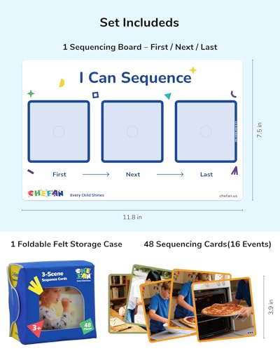 CHEFAN Sequencing Cards for Kids, Speech Therapy Sequence Game with Board, Preschool Kindergarten Storytelling Sentence Building Learning Activities (3 Steps) - size: 3-Step Board