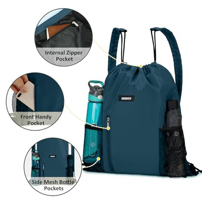 WANDF Drawstring Backpack, Gym String Bag with Shoulder Pad - color: M, Blue-green, size: Medium