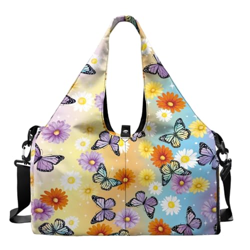 Yoga Gym Bag with Removable Adjustable Shoulder Strap, Shoe Compartment & Top Yoga Mat Holder 17.72x8.66x9.84in - color: Butterfly Daisy Gradient Print