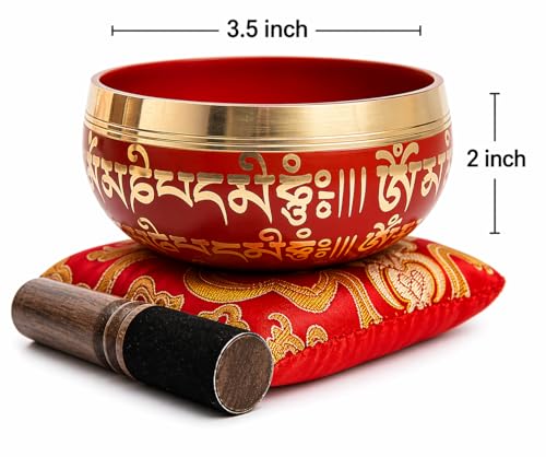 Tibetan Singing Bowl Set - Easy To Play for Beginners - Authentic Handcrafted Mindfulness Meditation Holistic Sound 7 Chakra Healing Gift by Himalayan Bazaar (Crimson) - color: Crimson Red