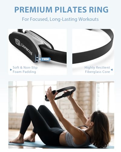 LIONSCOOL Pilates Ring Set 14" Magic Circle, 9" Mini Ball, Resistance Bands - color: Black