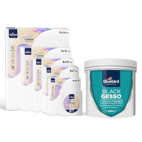 BLUEBIRD Canvas Board Set of 14 (4x4, 4x6, 5x7, 8x10, 9x12, 11x14) Acrylic Gesso 28.2 Oz - Black