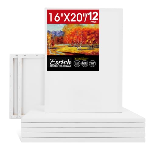 ESRICH Stretched Canvas for Painting 16x20 Inch, 12Pack Large Canvas for Painting, Primed Acid-Free Cotton Blank Canvases, Art Paint Canvases for Oil Paint,Watercolor,Acrylic Paint,Gouache and Tempera - size: 16X20IN 12 Packs