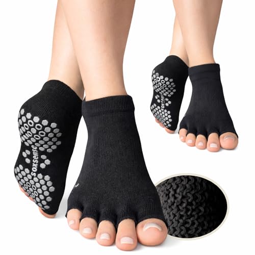 Soxsense Toeless Grip Socks for Pilates & Yoga, Open Toe Non Slip Socks with Cushion for Barre, Dance, Workout 2Pairs - color: Black2, size: Large