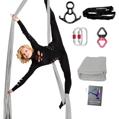PRIOR FITNESS Pro Aerial Silks Kit, SGS&CE Certified, 9/15/20Yards | Thick Low Stretch 100% Nylon Fabric w/3126 lbs MBL, Eco-Friendly & Fade Resistant, W/Rigging Hardware, Solid Colors - color: Silver, size: L(20 Yards)