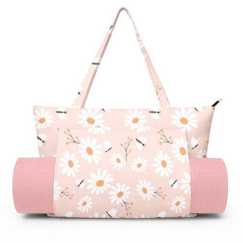 Yoga Bag for Women, Large Canvas Yoga Mat Tote Bag with Yoga Mat Carrier - color: Pink Daisy