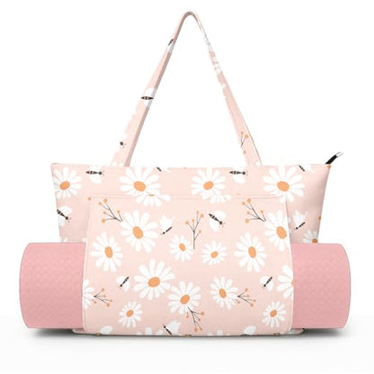 Yoga Bag for Women, Large Canvas Yoga Mat Tote Bag with Yoga Mat Carrier - color: Pink Daisy