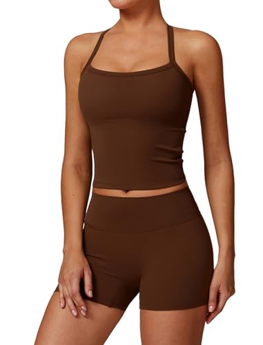 QBGJTD Two Piece Workout Sets For Women Tank Top Matching High Waist Booty Lifting Shorts Gym Yoga Active Wear Outfits - color: Brown, size: X-Small