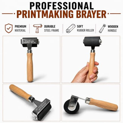 Soft Rubber Brayer – 45A Durometer Printmaking Roller, 2 Inch, for Gel Printing, Linocut & Block Printing, Heavy-Duty Steel Frame with Wood Handle - size: 2 in