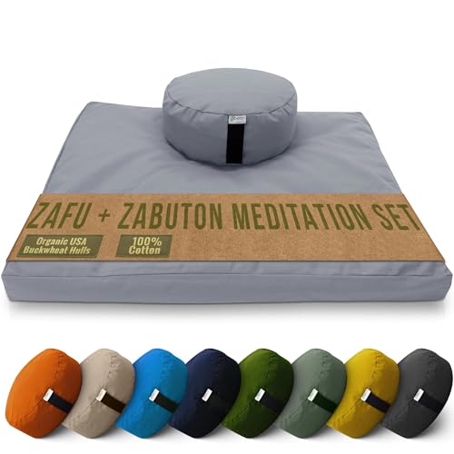 Bean Products Meditation Cushion Mat Set - Zafu Floor Pillow Organic Buckwheat Pillow + Cotton Filled Zabuton Prayer Pad - Meditation Pillow Yoga Knee Pad - Made in USA - 14" Round or 18" Oval - color: Stone Gray - 10oz Cotton Canvas, size: Round Combo