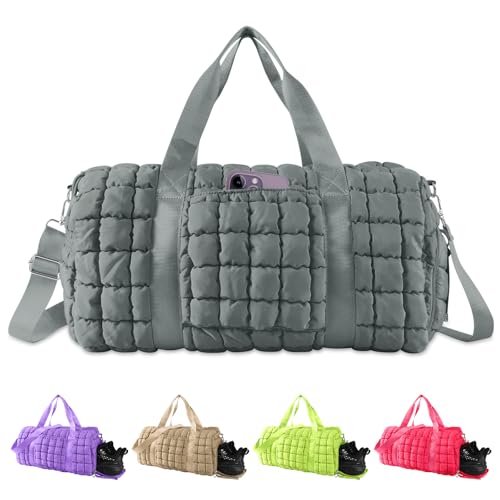 Quilted Travel Duffle Bag Gym Bag for Women,Large Puffer Duffle Weekender Bag with Compartment,Workout Overnight Carry on Organizer Bag Duffle Bag for Airplane Travel(Grey) - color: Grey, size: Medium