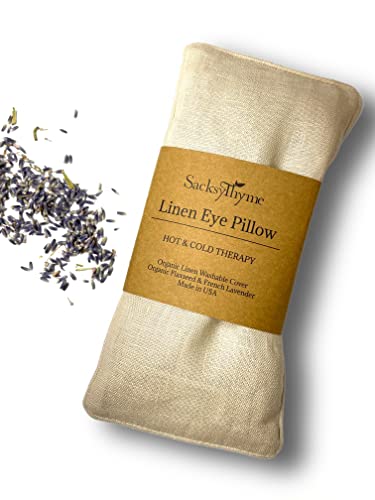 Sacksy Thyme Organic Linen Eye Pillow - Lavender & Flaxseed for Relaxation, Yoga, Stress Relief - Microwavable Heating Pad & Cool Compress - Made in USA - Gifts for Meditation - color: Beige (Lavender)