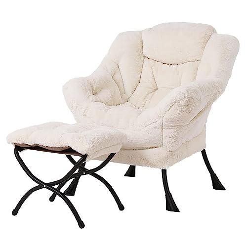 Tiita Lazy Chair with Ottoman, Comfy Reading Accent Chair, Plush Beige | Foldable Footrest, Padded Seat and Backrest, Side Pocket for Lounging in Living Rooms, Bedrooms, Dorms and Small Spaces - color: Plush-beige