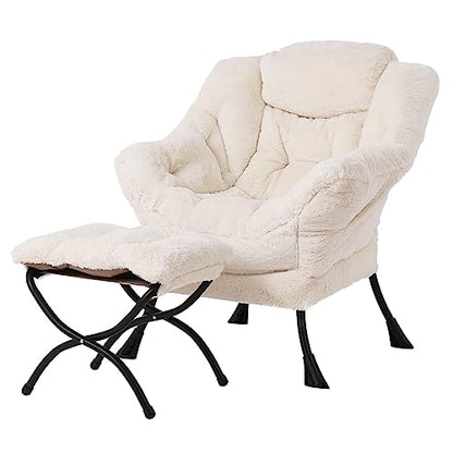 Tiita Lazy Chair with Ottoman, Comfy Reading Accent Chair, Plush Beige | Foldable Footrest, Padded Seat and Backrest, Side Pocket for Lounging in Living Rooms, Bedrooms, Dorms and Small Spaces - color: Plush-beige