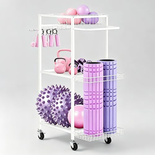 Workout Equipment Storage Rack Metal Yoga Mat Storage Rack, Weight Cart Home Gym Storage Rack with Wheels for Dumbbells, Yoga Mats, Kettlebells, Foam Rollers - color: White