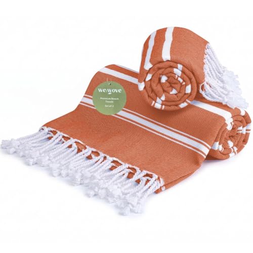 WeWove Turkish Peshtemal Beach Towels Large 39x70 Inch Set of 2 - 100% Cotton Soft Quick-Drying Absorbent Washable - Versatile for Beach Pool Spa Picnic Travel or Bath Use - Turkish Towels Orange - color: Orange