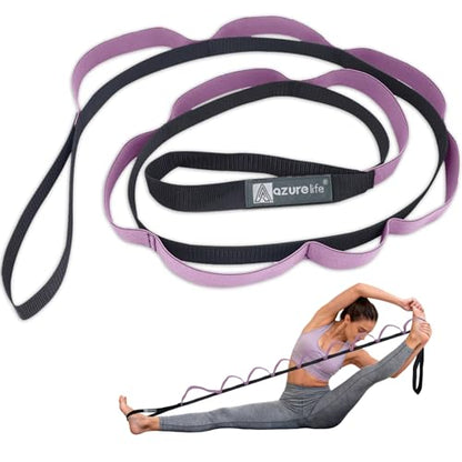 A AZURELIFE Half-Elastic Stretch Straps with 11 Loops, Stretching Strap for Physical Therapy, Multi-Loop Yoga Strap Fitness Exercise Strap for Yoga, Pilates, Dance, Flexibility&Exercise - color: Half Elastic-Purple